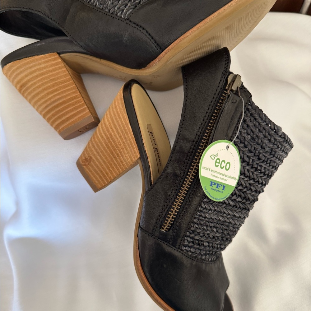 Paul Green Black Leather Open Heel Peep Toe Bootie Sandal Side Zip Close SZ 7.5 - Picture 2 of 5